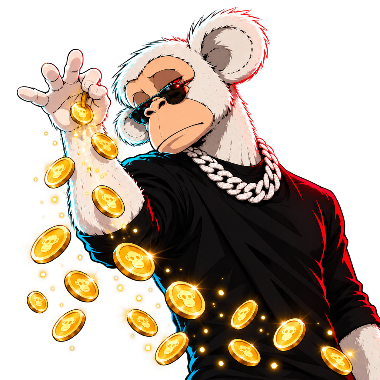 The white Evil Ape giving away gold coins, isolated on a transparent background